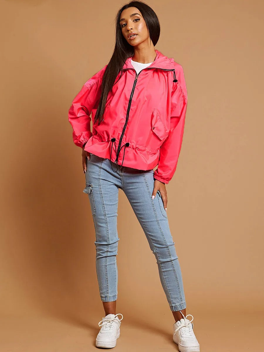 Neon Pink High Neck Hooded Festival Jacket - Parker - Storm Desire