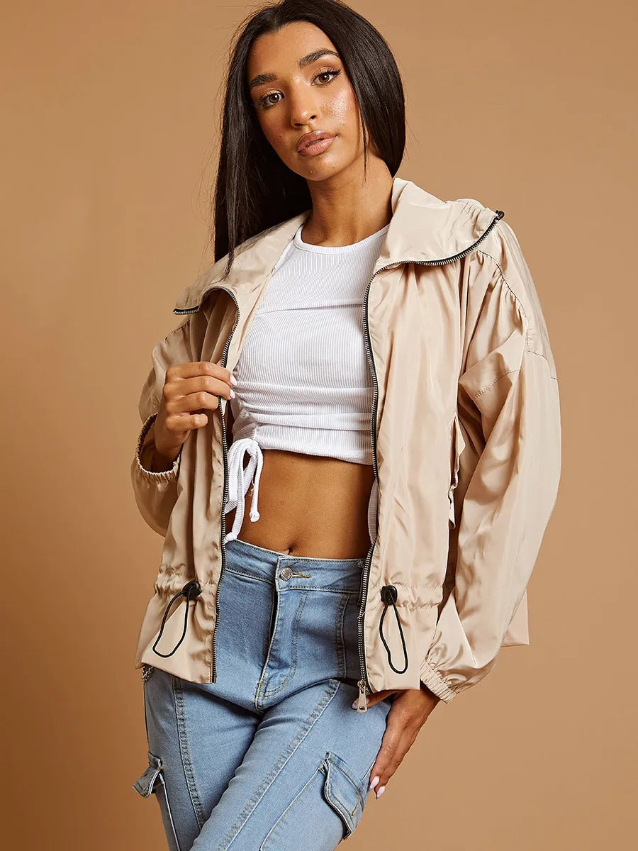 Beige High Neck Hooded Festival Jacket - Parker - Storm Desire