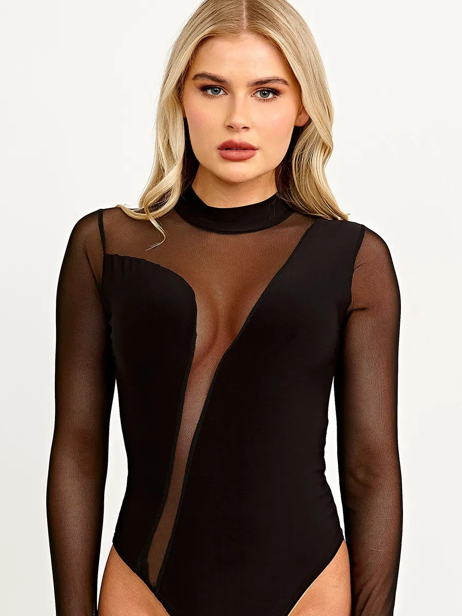 Black Mesh Insert Slinky Bodysuit - Dakota - Storm Desire