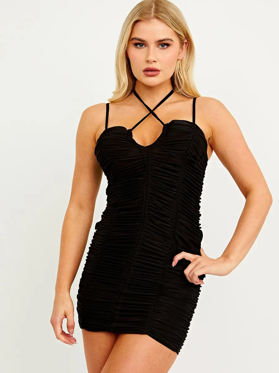 Black Padded Bust Halter Slinky Ruched Cami Dress - Tessa - Storm Desire