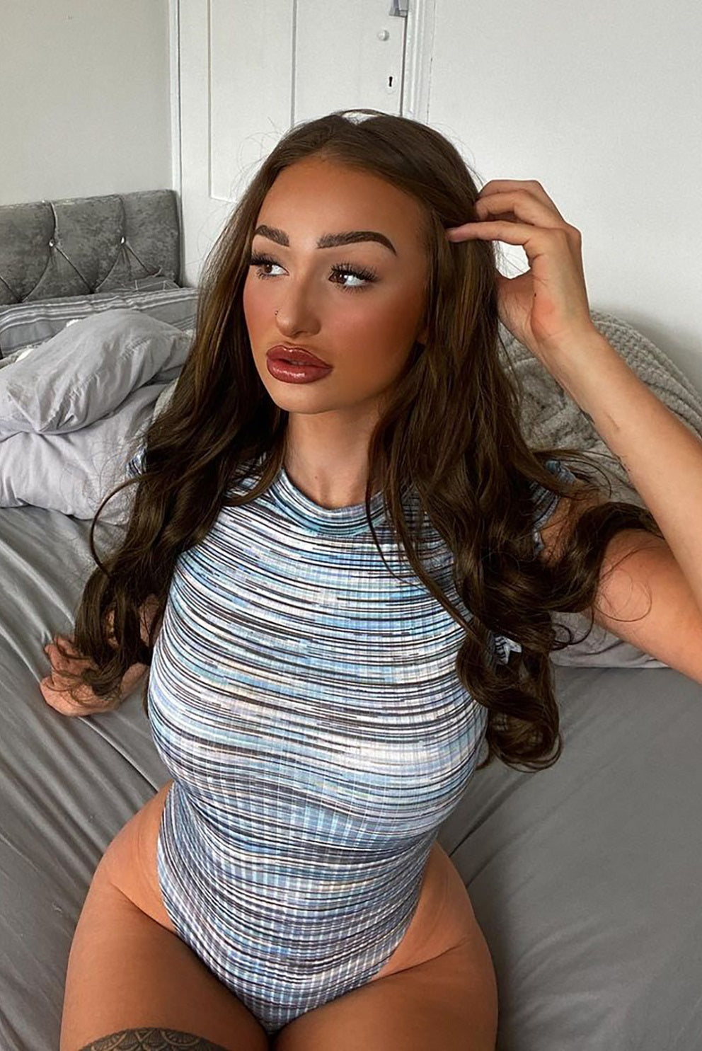 Blue Multi Coloured Ribbed Bodysuit - Ryleigh - Storm Desire