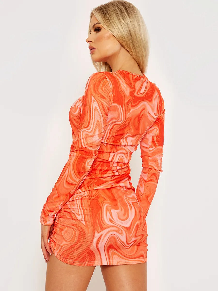 Orange Marble Print Long Sleeves Ribbed Ruched Dress - Ansley - Storm Desire
