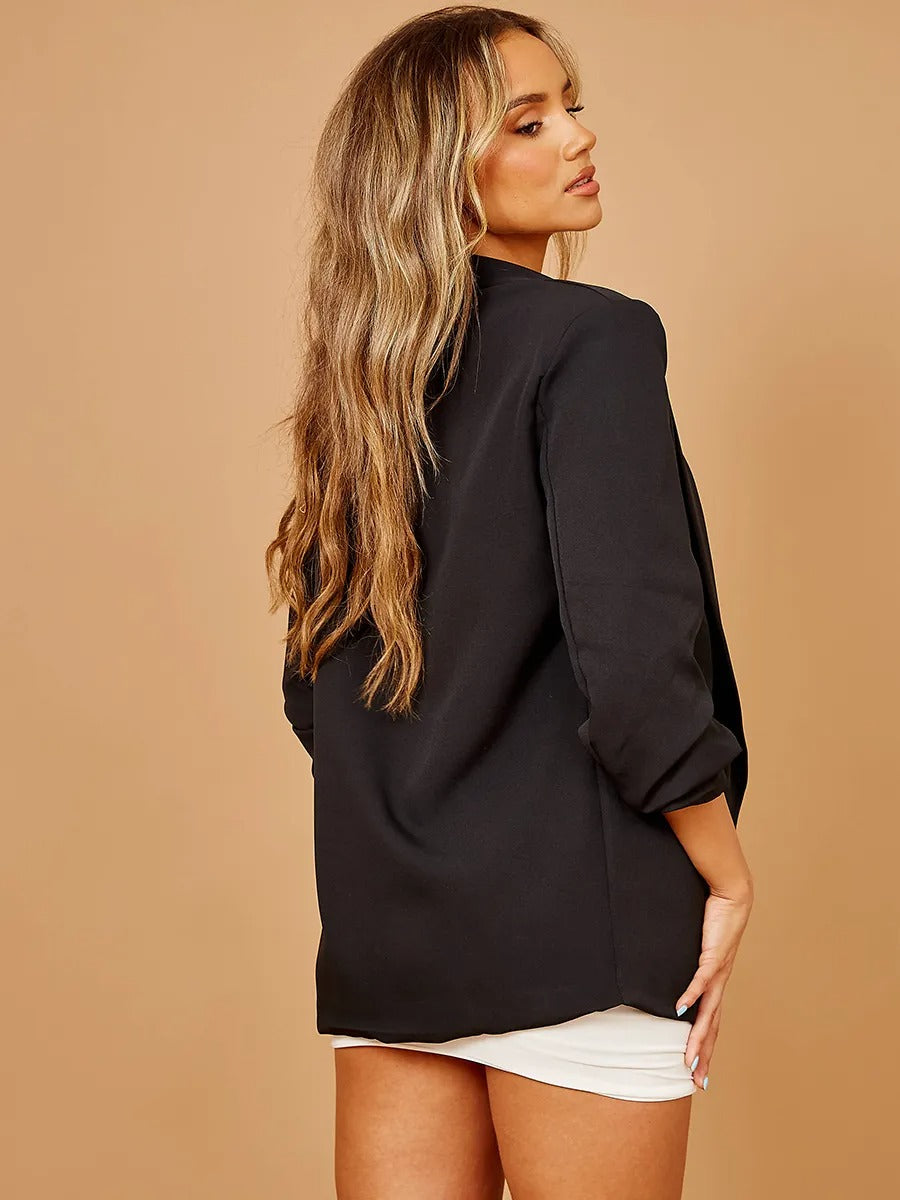 Black Ruched Sleeve Open Blazer - Renata - Storm Desire