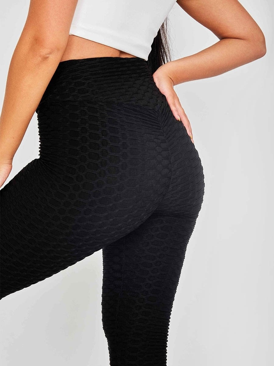 Textured High Waist Active Leggings - Black / S