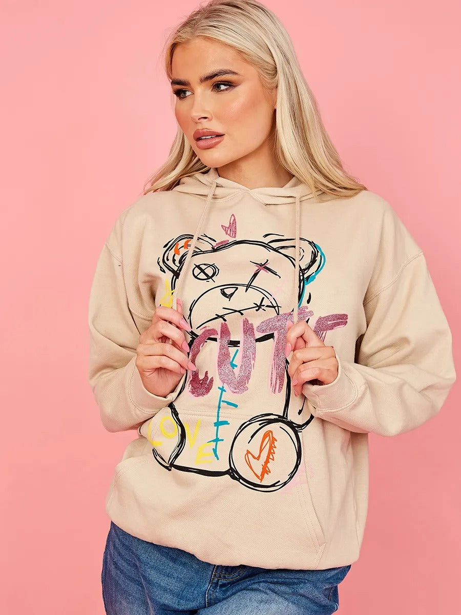 Beige Cute Teddy Graphic Print Hoodie - Siena - Storm Desire