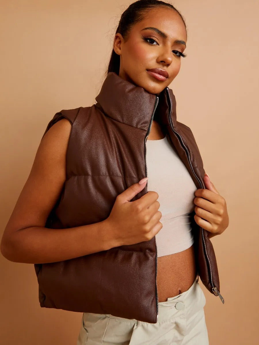 Brown Faux Leather Padded Cropped Gilet - Amaris - Storm Desire