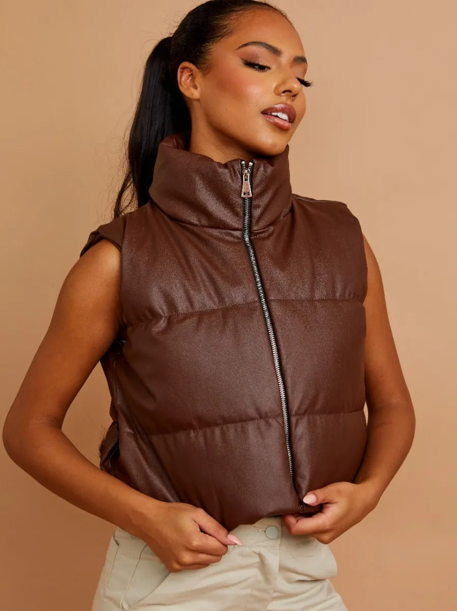 Brown Faux Leather Padded Cropped Gilet - Amaris - Storm Desire