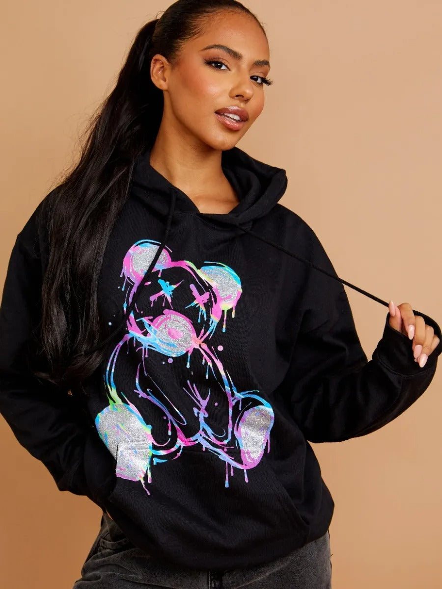 Black Neon Print Teddy Graphic Hoodie - Marilyn - Storm Desire